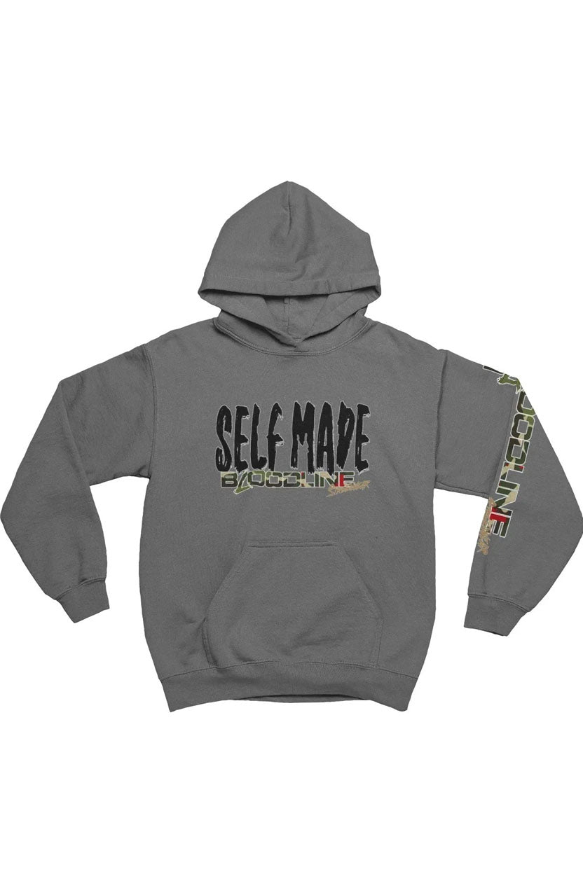 Gray hoodie with 'Self Made' text and colorful design on sleeve against a white background
